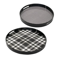 2 Piece Round Decorative Tray, Plastic Frame, Black and White Plaid Print - BM302538