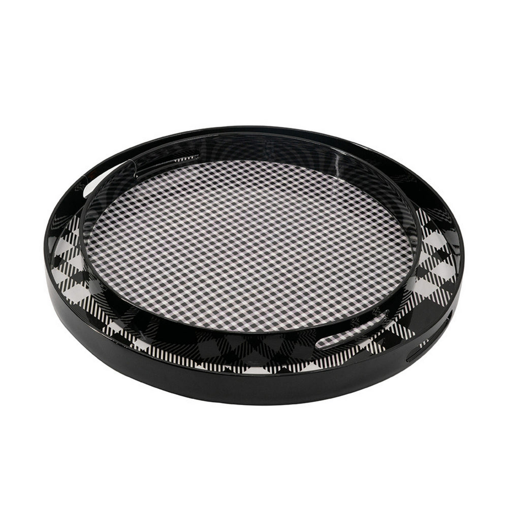 2 Piece Round Decorative Tray, Plastic Frame, Black and White Plaid Print - BM302538