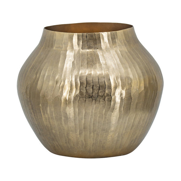 Kria 13 Inch Modern Vase, Curved Shape, Hammered Texture, Gold Metal Finish - BM302539
