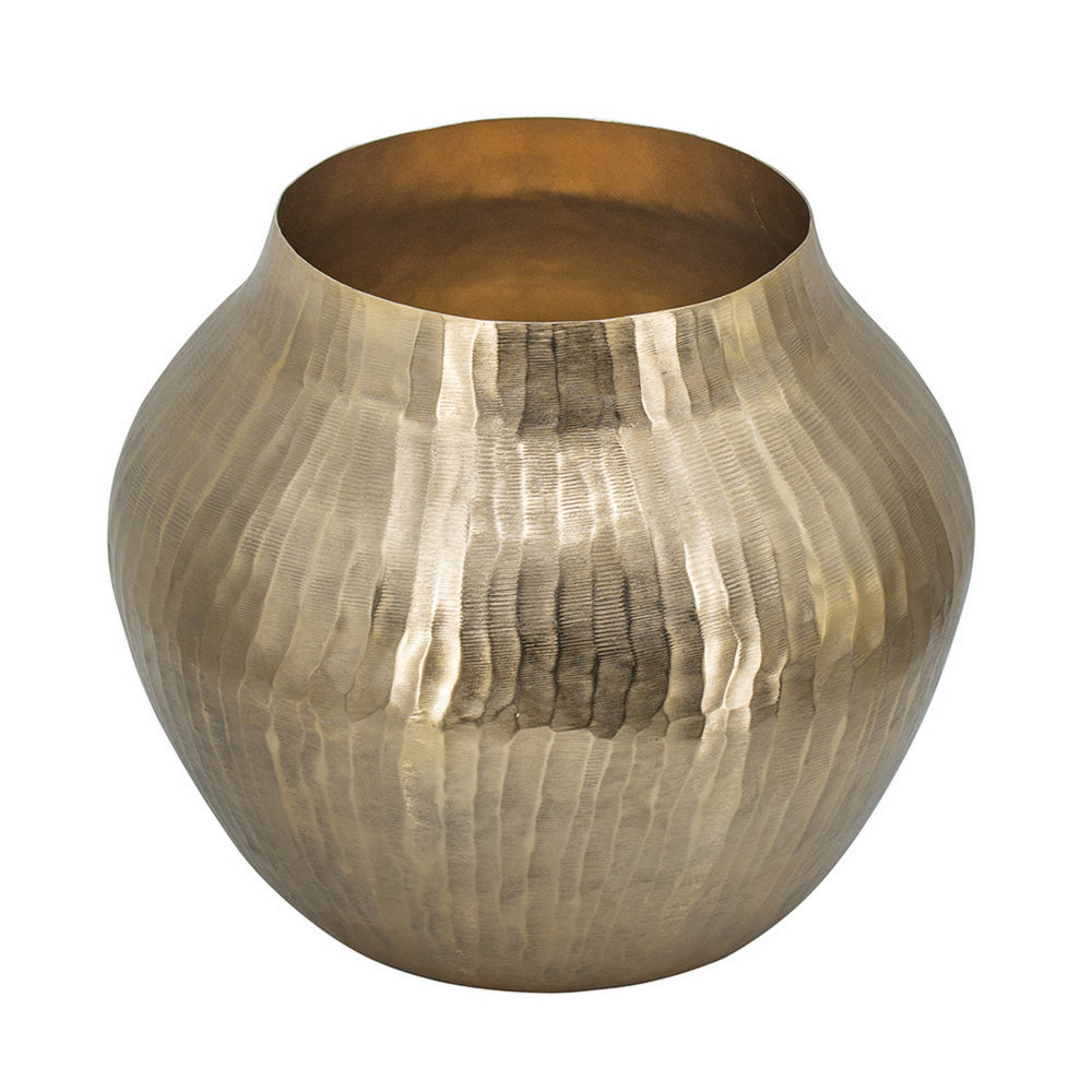 Kria 13 Inch Modern Vase, Curved Shape, Hammered Texture, Gold Metal Finish - BM302539