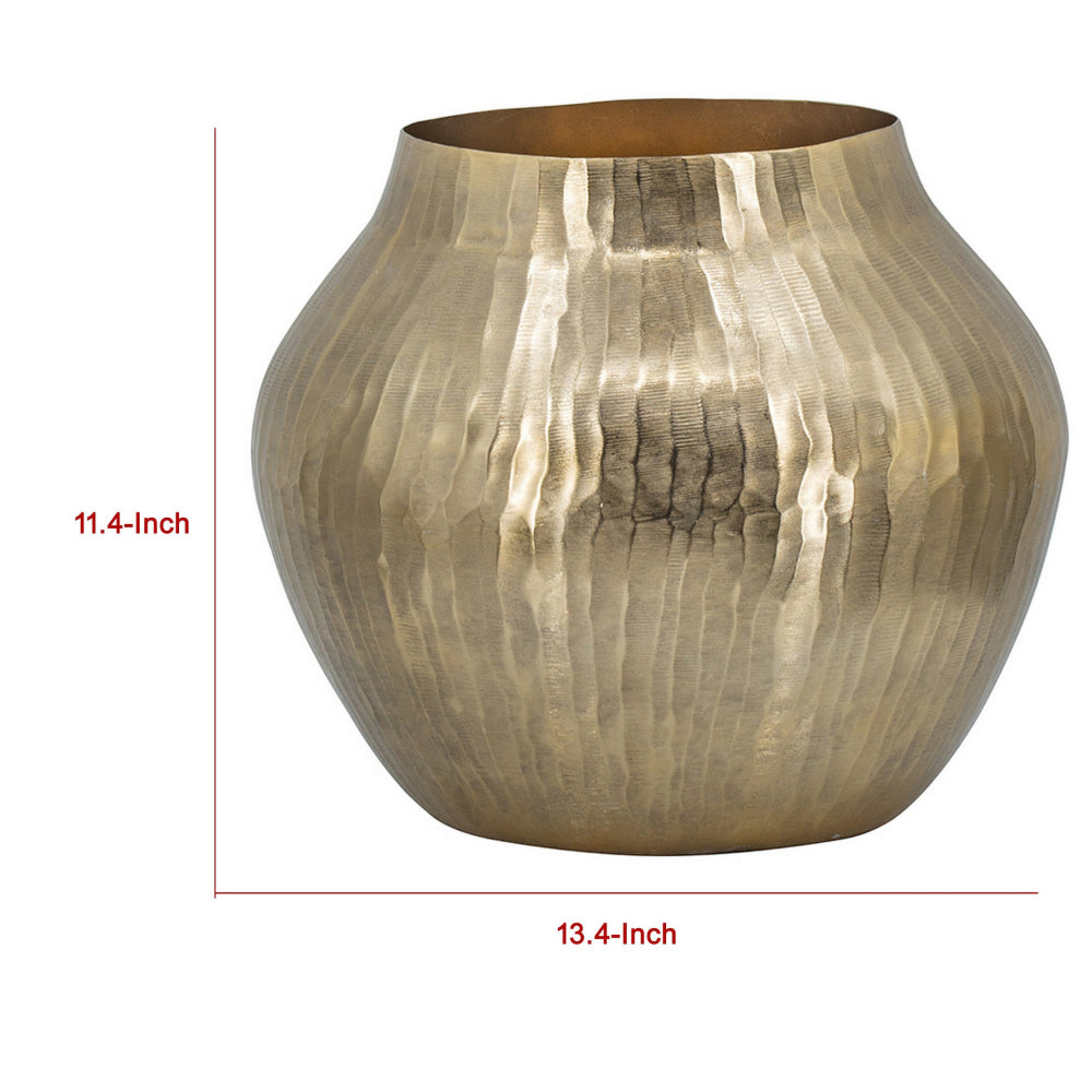 Kria 13 Inch Modern Vase, Curved Shape, Hammered Texture, Gold Metal Finish - BM302539