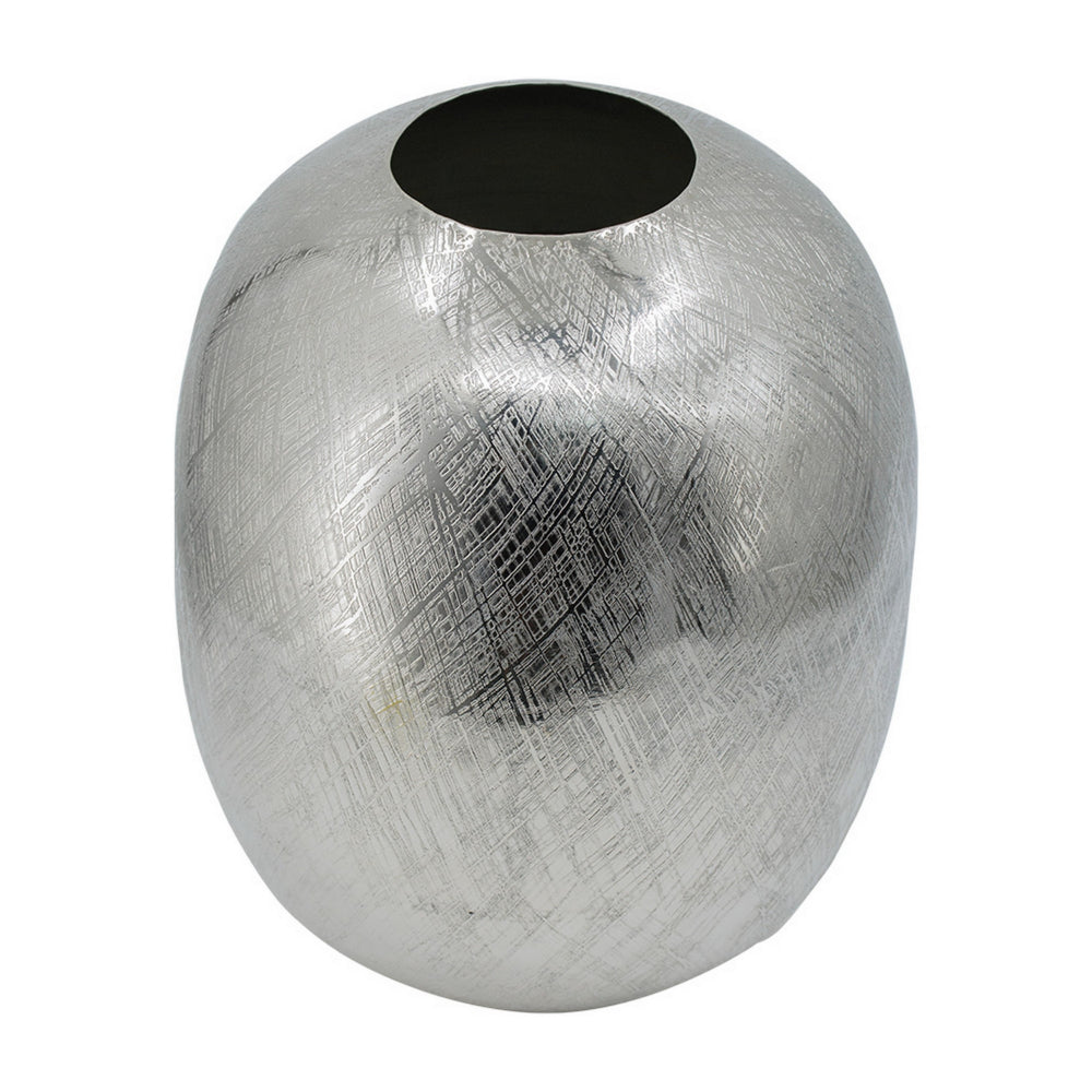 Chan 13 Inch Modern Metal Vase, Curved Round Shape, Metallic Silver Finish - BM302545