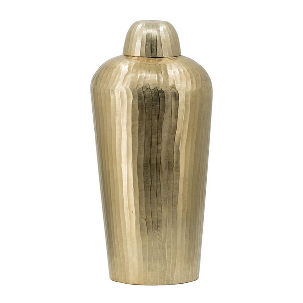 22 Inch Lidded Vase Jar, Tall Curved Silhouette, Hammered Texture, Gold - BM302550