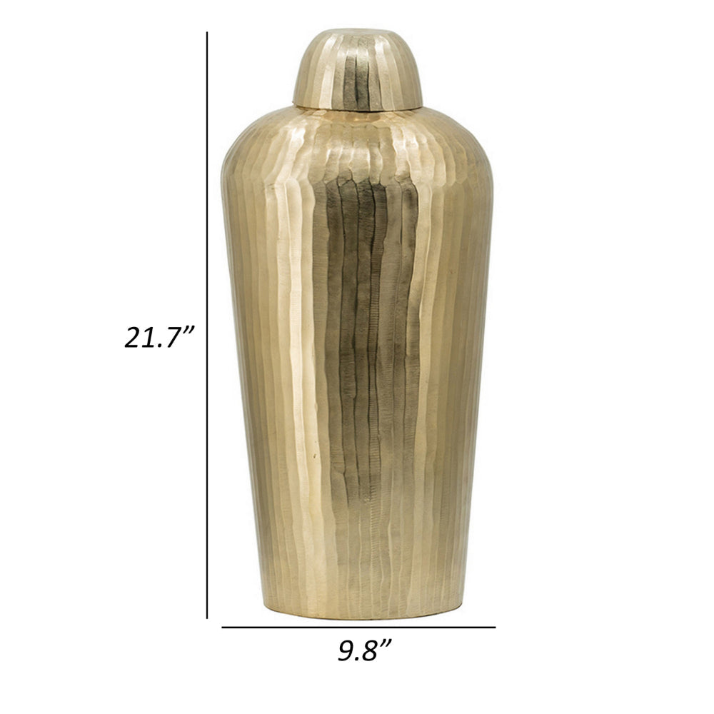 22 Inch Lidded Vase Jar, Tall Curved Silhouette, Hammered Texture, Gold - BM302550