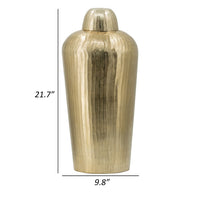 22 Inch Lidded Vase Jar, Tall Curved Silhouette, Hammered Texture, Gold - BM302550