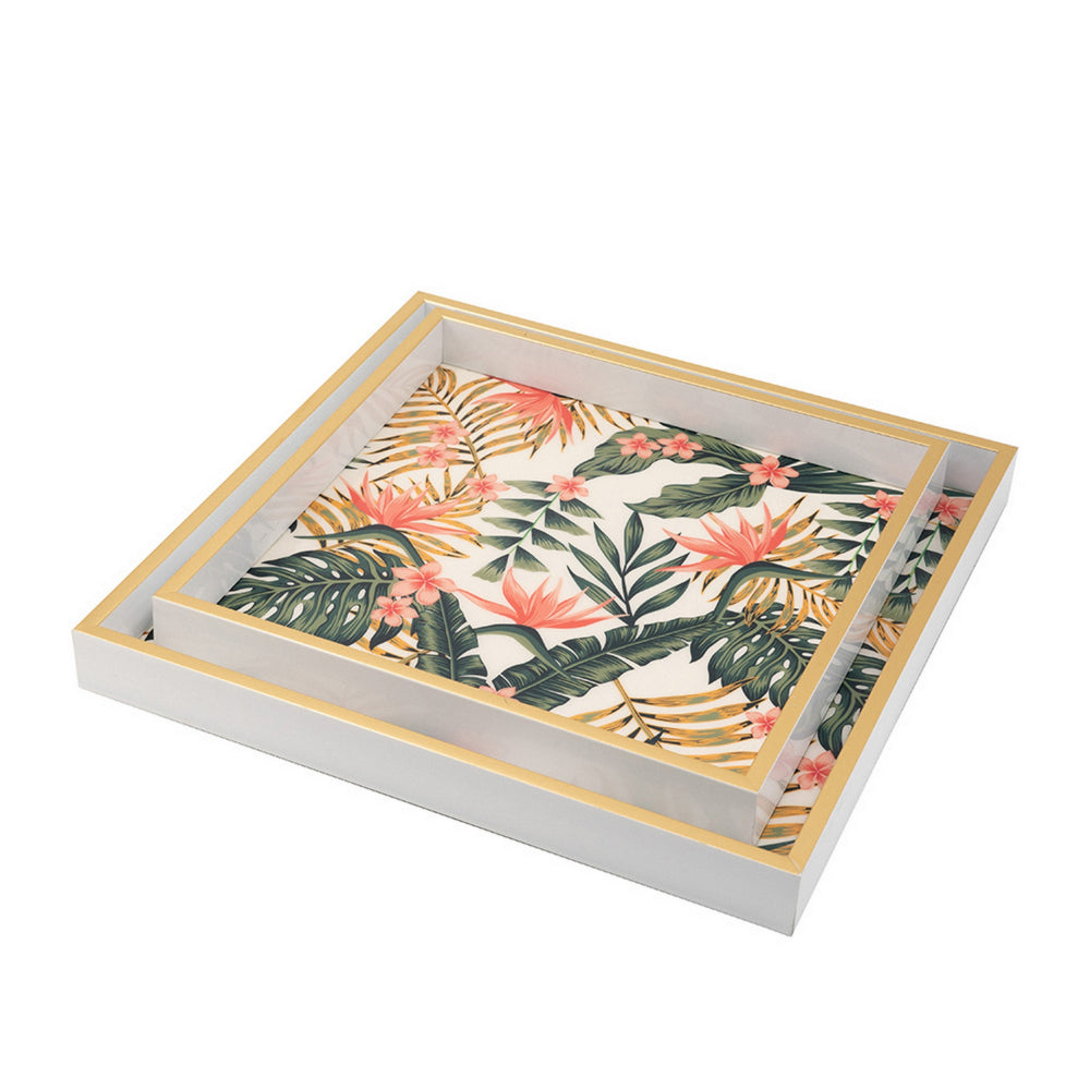 Set of 2 Decorative Trays, Crisp White MDF, Floral Printed PVC, Pink, Green - BM302552