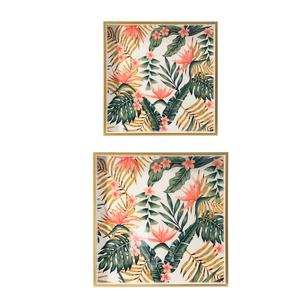 Set of 2 Decorative Trays, Crisp White MDF, Floral Printed PVC, Pink, Green - BM302552