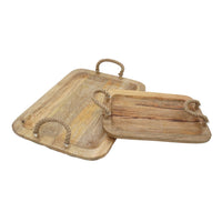 Set of 2 Mango Wood Trays, Twisted Jute Handles, Rustic Brown Texturing - BM302555