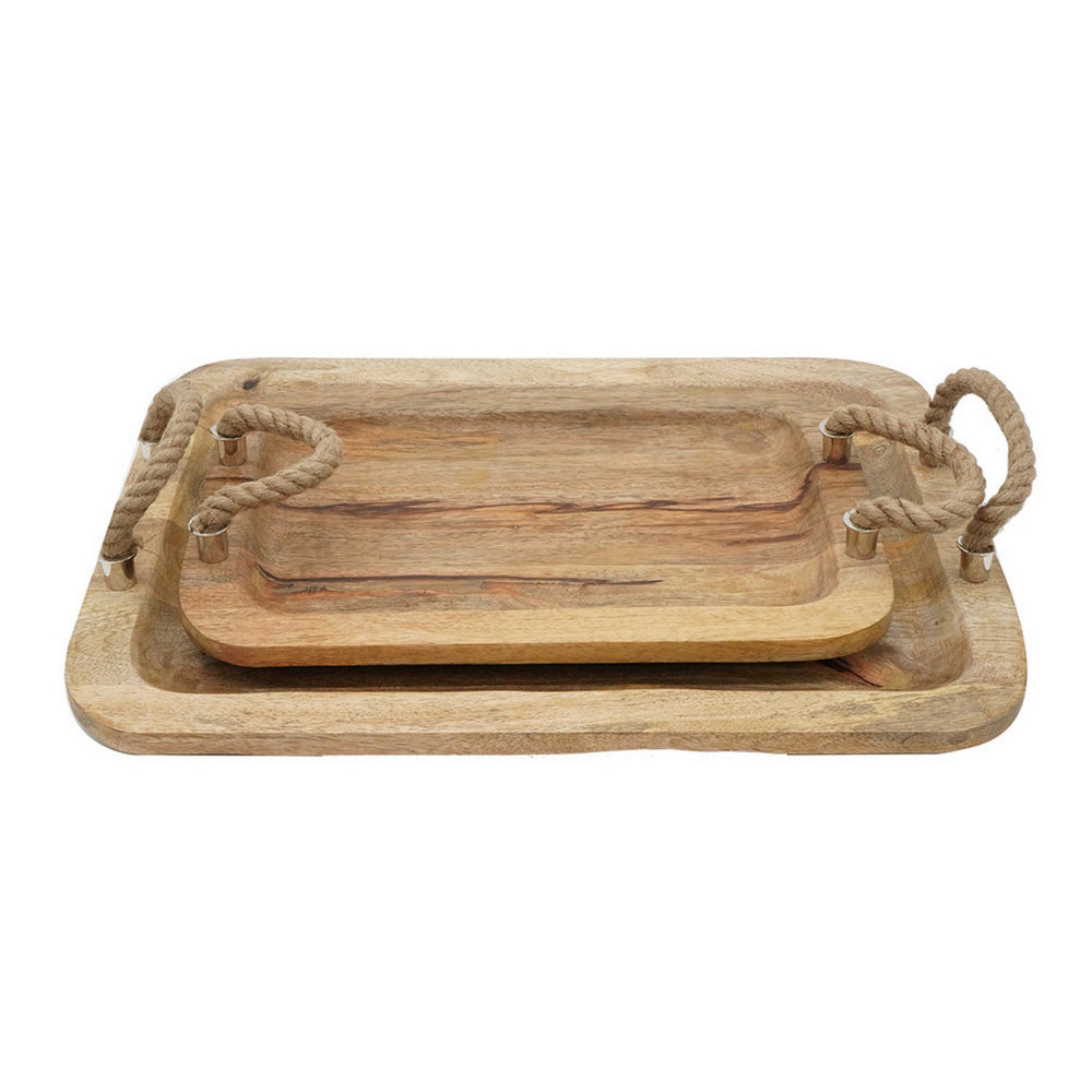 Set of 2 Mango Wood Trays, Twisted Jute Handles, Rustic Brown Texturing - BM302555