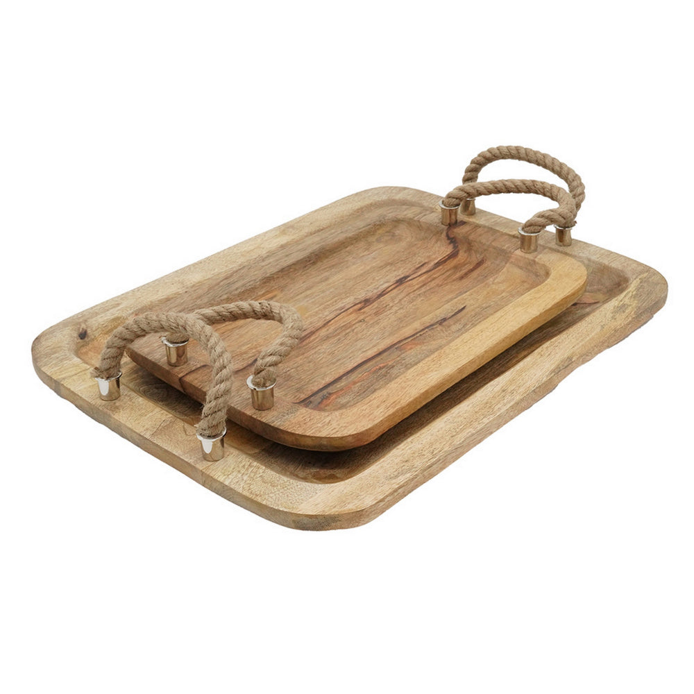 Set of 2 Mango Wood Trays, Twisted Jute Handles, Rustic Brown Texturing - BM302555