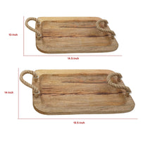 Set of 2 Mango Wood Trays, Twisted Jute Handles, Rustic Brown Texturing - BM302555