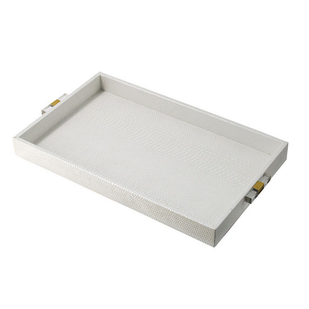 Set of 2 Decorative Trays, White MDF, Vegan Faux Leather, Snakeskin Texture - BM302559