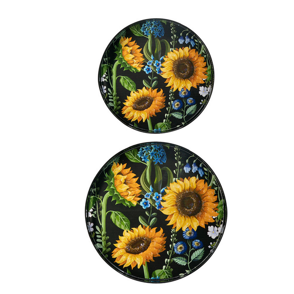 2 Piece Modern Decorative Trays, Round Plastic Frame, Sunflower Motifs  - BM302562