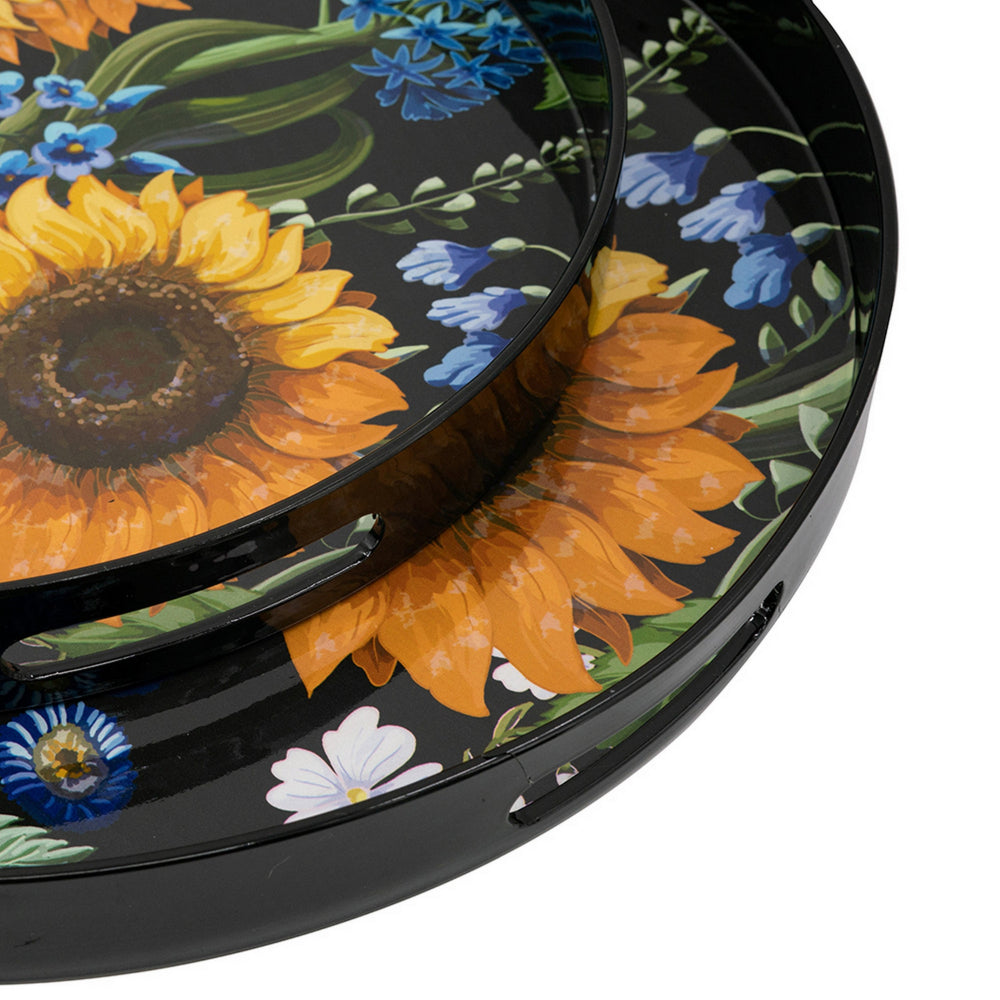 2 Piece Modern Decorative Trays, Round Plastic Frame, Sunflower Motifs  - BM302562