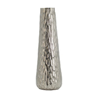 19 Inch Contemporary Tall Oblong Vase, Silver Aluminum, Hammered Texture - BM302566