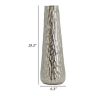 19 Inch Contemporary Tall Oblong Vase, Silver Aluminum, Hammered Texture - BM302566