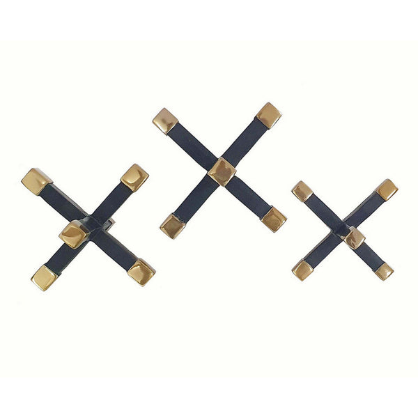 3 Piece Modern Accent Tabletop Decorations, X Shaped Jacks, Black, Gold - BM302568