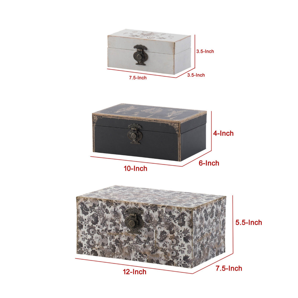 Leo Set of 3 Storage Boxes, Vegan Leather Lining, Ornate Printed Designs - BM302570