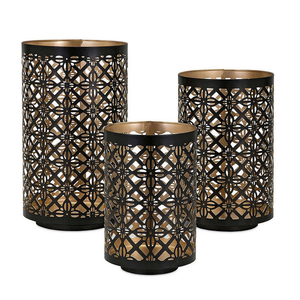 Set of 3 Rounded Iron Candle Holder Lanterns, Matte Black Gold Latticework - BM302575