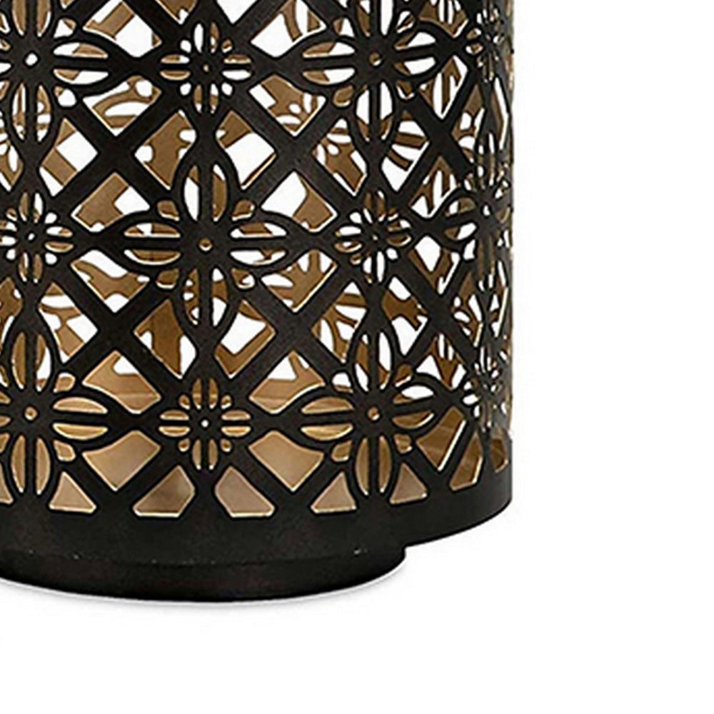 Set of 3 Rounded Iron Candle Holder Lanterns, Matte Black Gold Latticework - BM302575