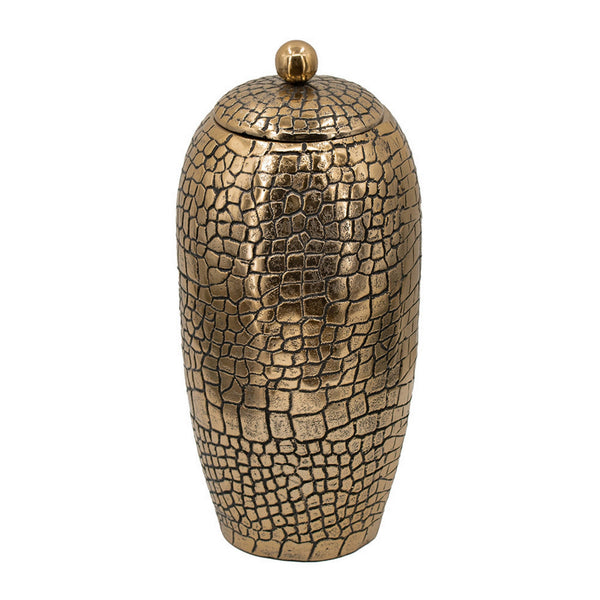 15 Inch Aluminum Urn, Lidded Top, Hammered Texture, Antique Gold Finish - BM302581