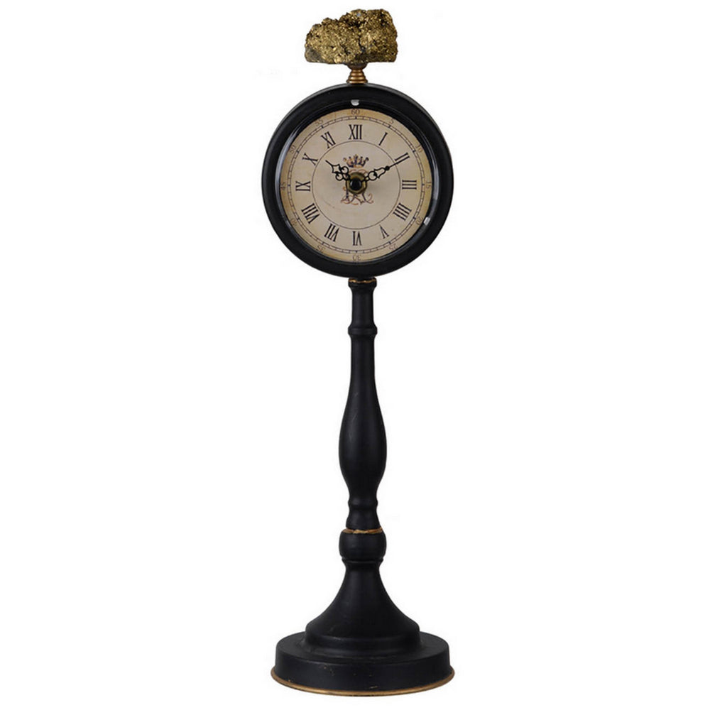 16 Inch Decorative Table Clock, Pedestal Stand, Black Metal, Stone Accent  - BM302583