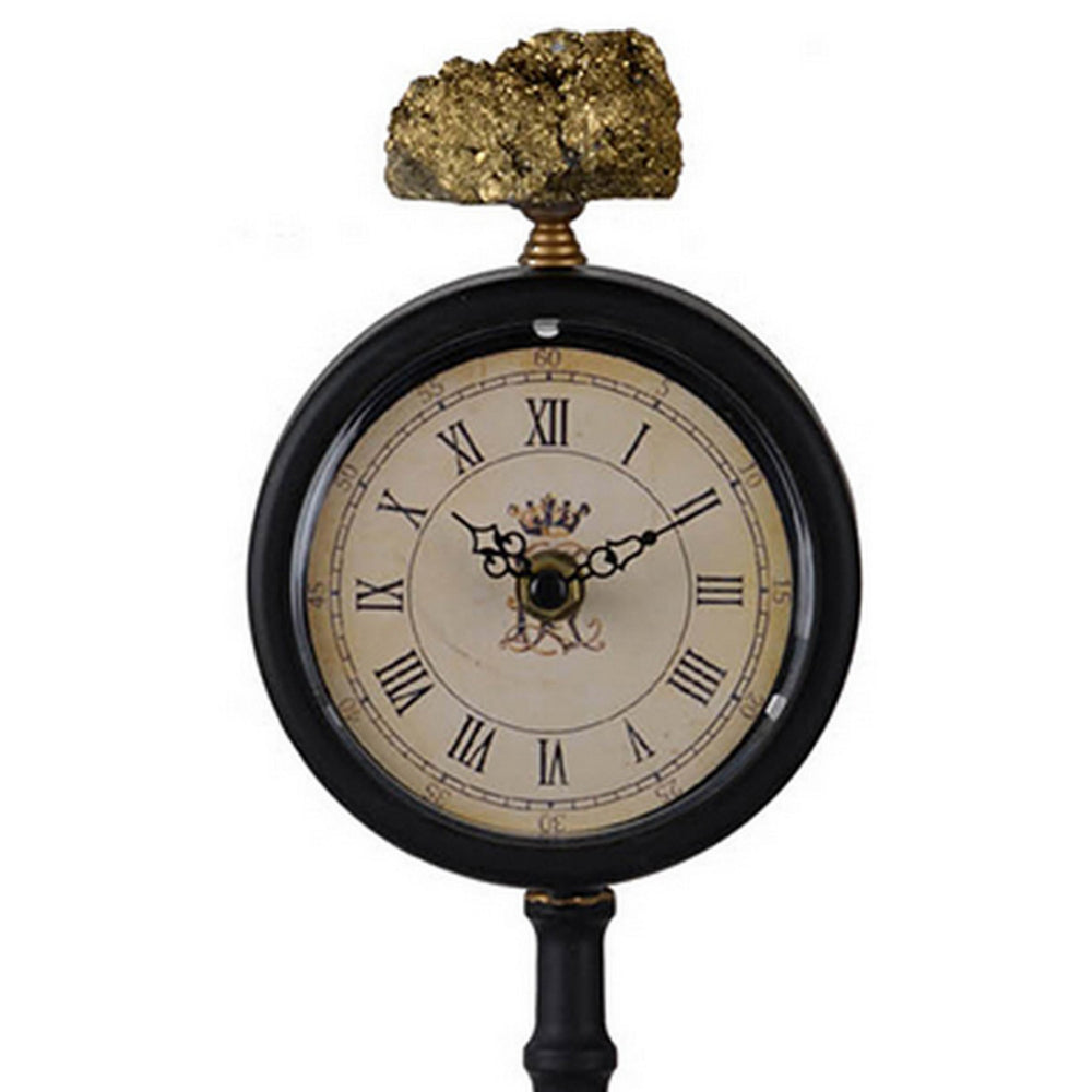 16 Inch Decorative Table Clock, Pedestal Stand, Black Metal, Stone Accent  - BM302583