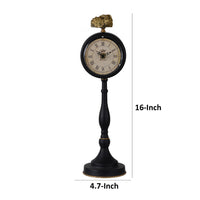 16 Inch Decorative Table Clock, Pedestal Stand, Black Metal, Stone Accent  - BM302583