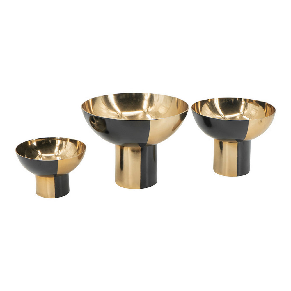 Set of 3 Round Bowls, Black and Gold Aluminum Finish, Sturdy Metal Stand - BM302584