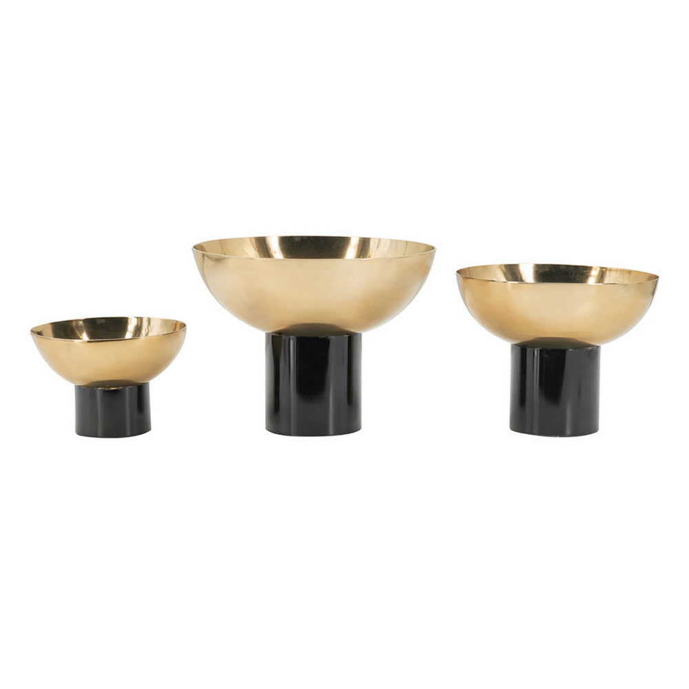 Set of 3 Round Bowls, Black and Gold Aluminum Finish, Sturdy Metal Stand - BM302584