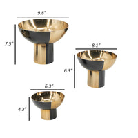 Set of 3 Round Bowls, Black and Gold Aluminum Finish, Sturdy Metal Stand - BM302584