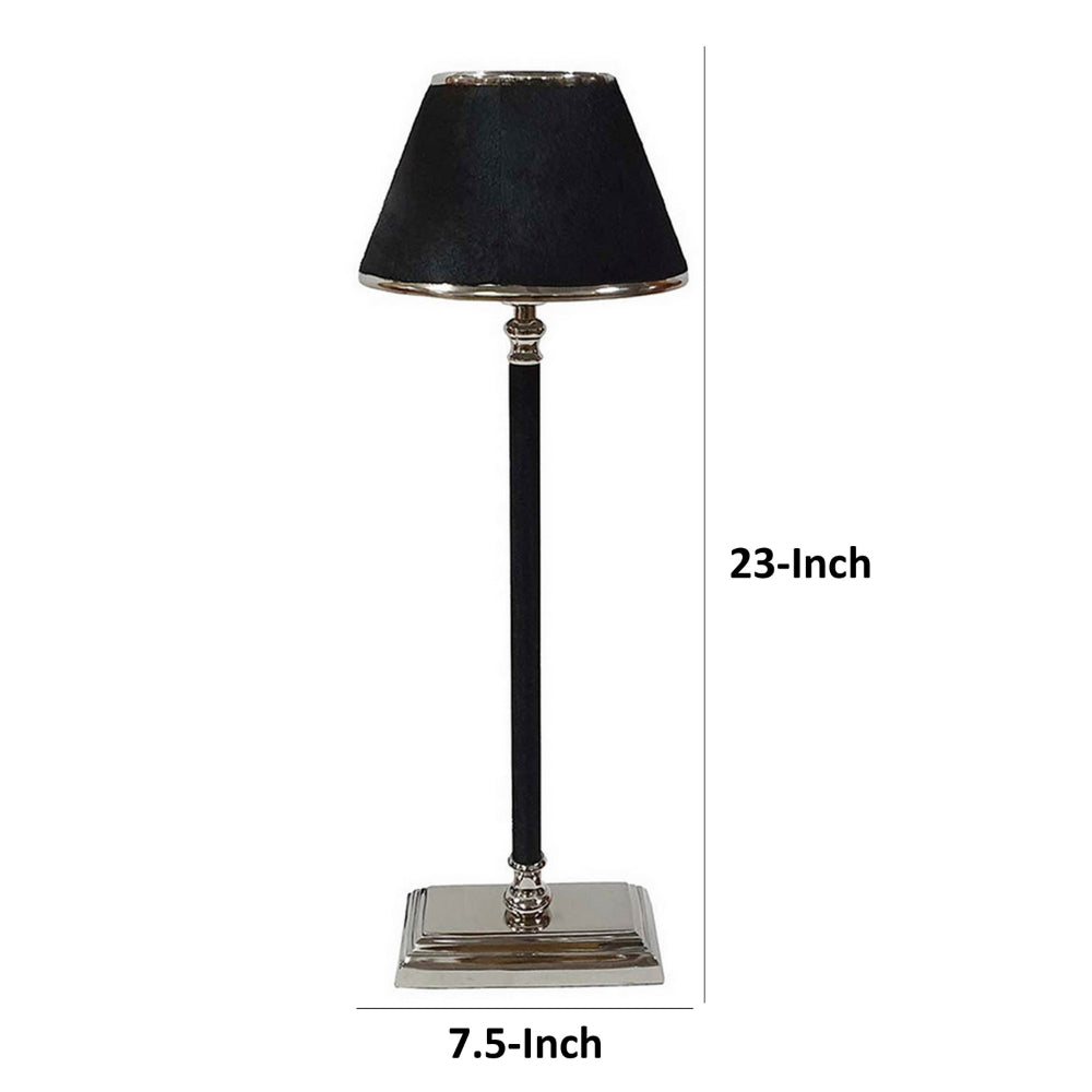 23 Inch Table Lamp, Leather Wrapped Tapered Shade, Aluminum, Black, Nickel - BM302585