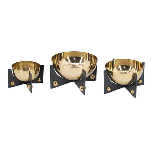 Set of 3 Aluminum Round Decorative Bowls, Gold Finish, Jet Black Stand - BM302590