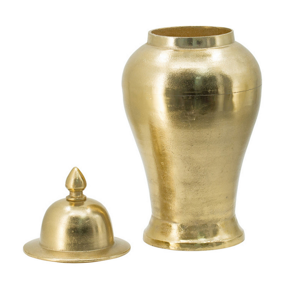 21 Inch Lidded Vase Urn, Finial Accent, Brilliant Gold Aluminum Finish - BM302593