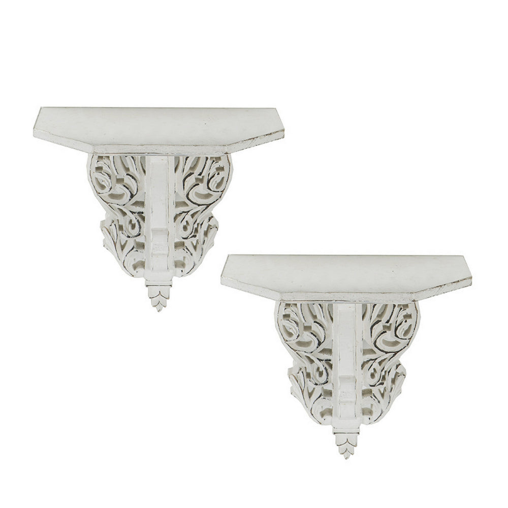 benzara 14 Inch Set of 2 Wall Decorations Shelves Antique White Carved Design - BM302600