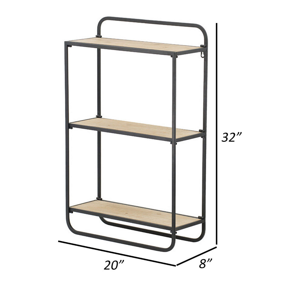 32 Inch Shelving Unit, Black Curved Iron Frame, Three Fir Wood Shelves - BM302601