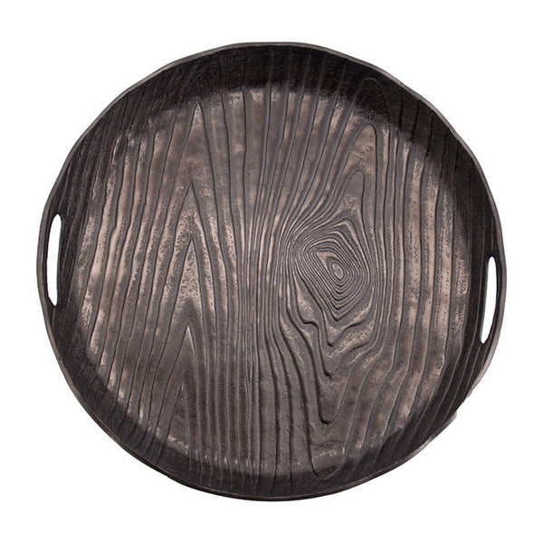 18 Inch Aluminum Decorative Tray, Cut Out Handles, Wood Grain Texturing - BM302602