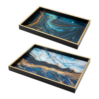 Set of 2 Rectangular Decorative Trays, Tall Rims, Faux Marble, Blue, Gold - BM302605