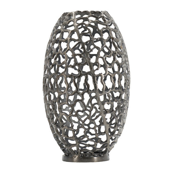 19 Inch Decorative Round Barrel Vase, Cutout Motif, Smoke Black Aluminum - BM302606