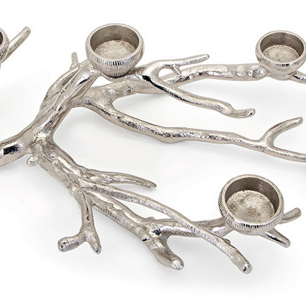 23 Inch Metal Tea Light Holder, Tree Branch Design, 4 Candle Slots, Silver - BM302608