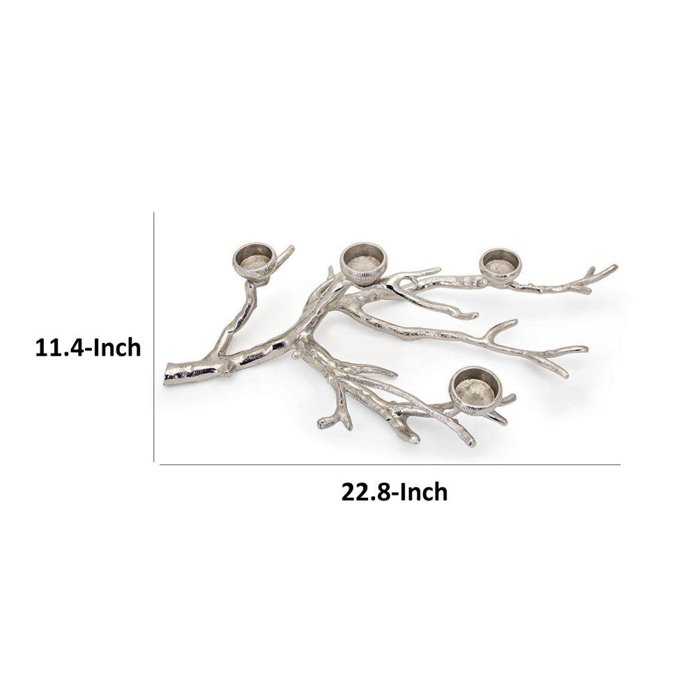 23 Inch Metal Tea Light Holder, Tree Branch Design, 4 Candle Slots, Silver - BM302608