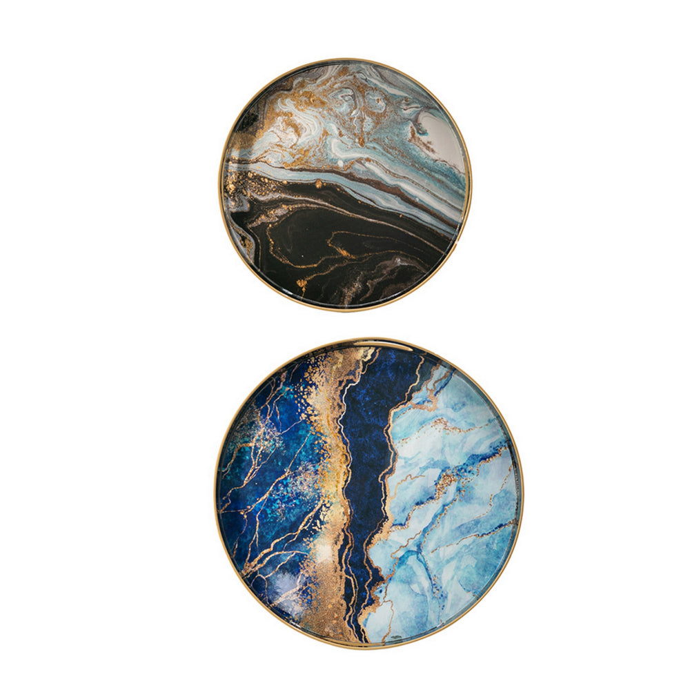 Set of 2 Round Decorative Trays, Tall Rims, Faux Marble, Blue, Gold - BM302609