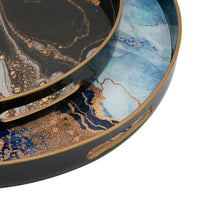 Set of 2 Round Decorative Trays, Tall Rims, Faux Marble, Blue, Gold - BM302609