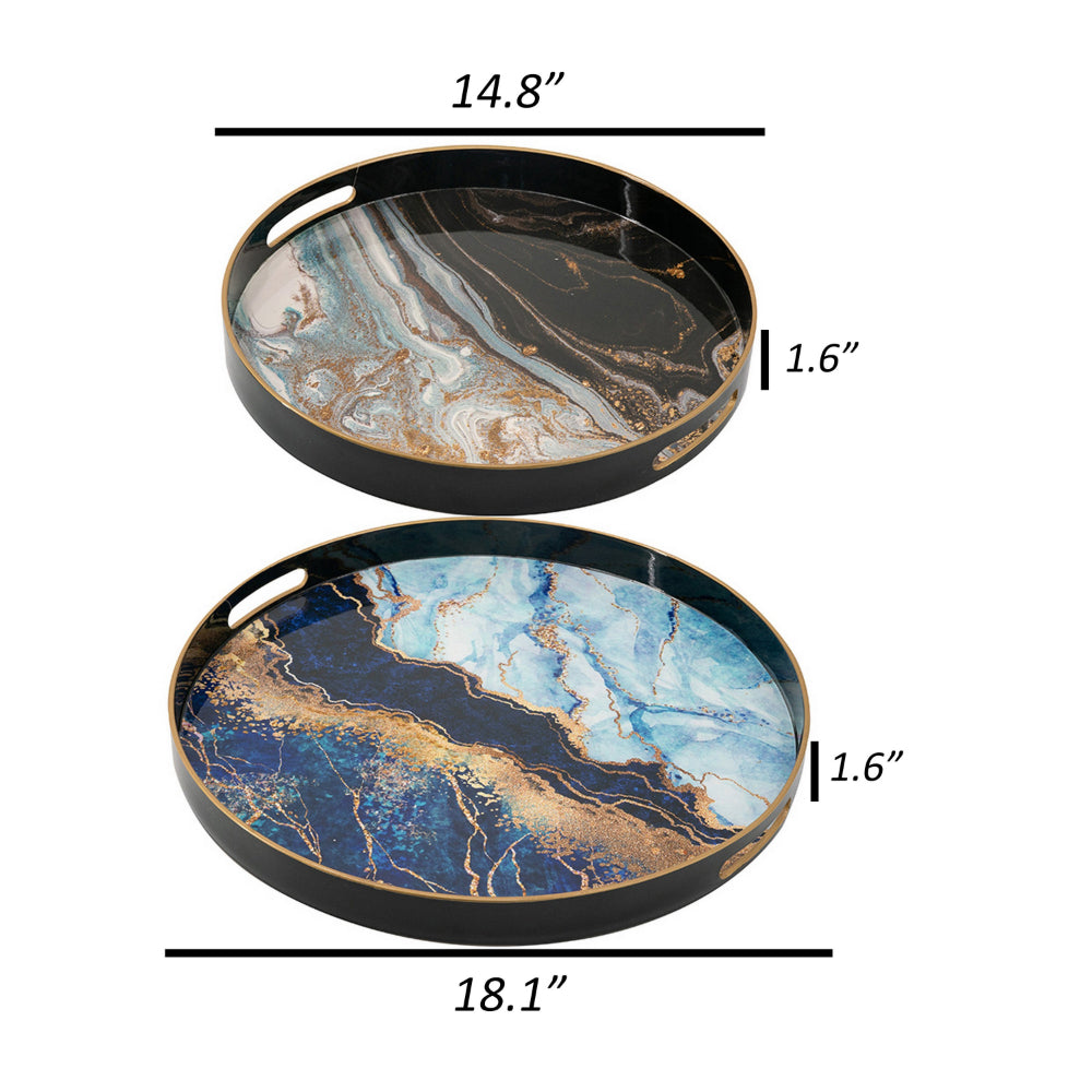 Set of 2 Round Decorative Trays, Tall Rims, Faux Marble, Blue, Gold - BM302609