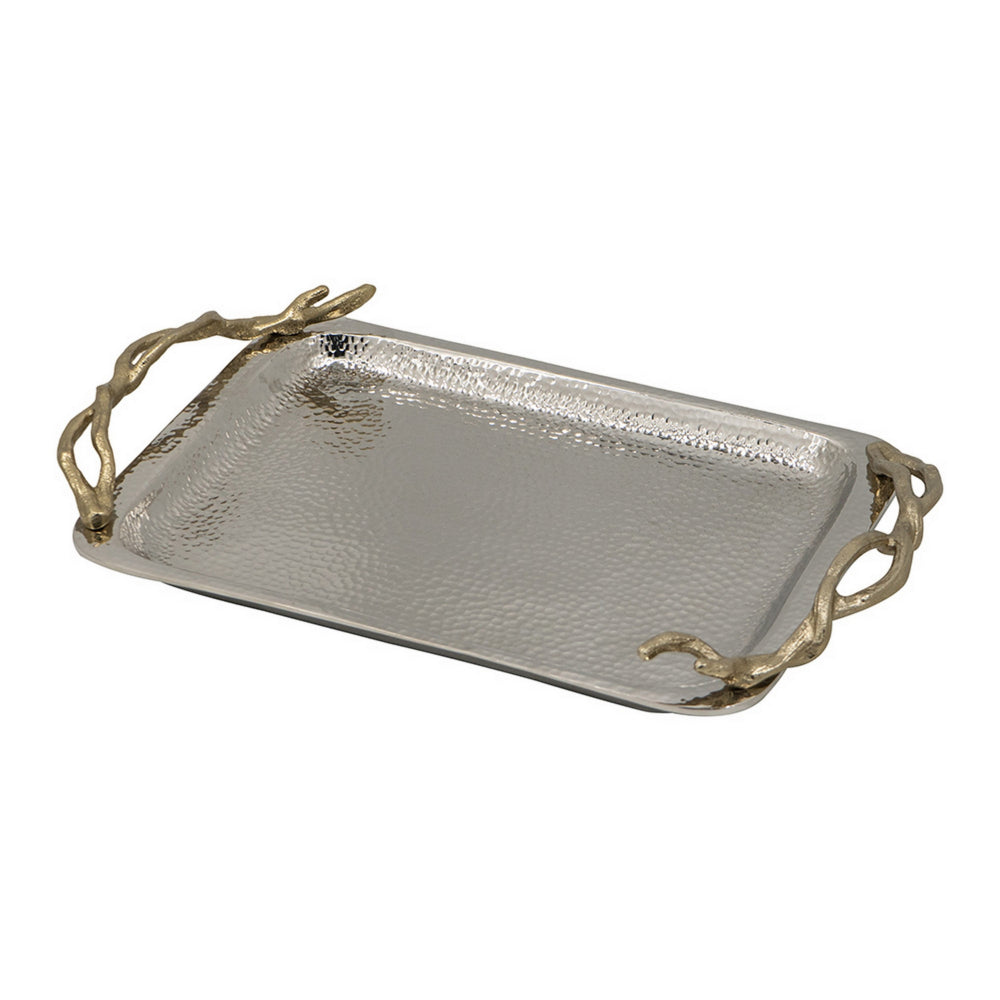 16 Inch Rectangular Decorative Tray, Branch Design Handles, Silver, Gold - BM302615