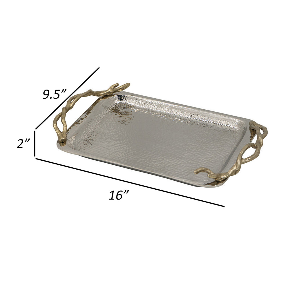 16 Inch Rectangular Decorative Tray, Branch Design Handles, Silver, Gold - BM302615