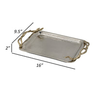 16 Inch Rectangular Decorative Tray, Branch Design Handles, Silver, Gold - BM302615