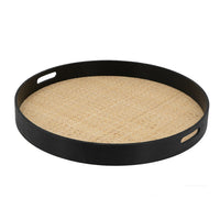 Zam 20 Inch Round Wood Decorative Tray, Rattan Woven Bottom, Black Finish - BM302619