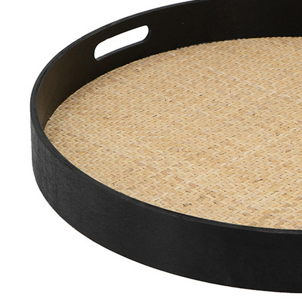 Zam 20 Inch Round Wood Decorative Tray, Rattan Woven Bottom, Black Finish - BM302619