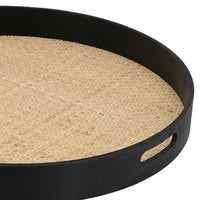 Zam 20 Inch Round Wood Decorative Tray, Rattan Woven Bottom, Black Finish - BM302619